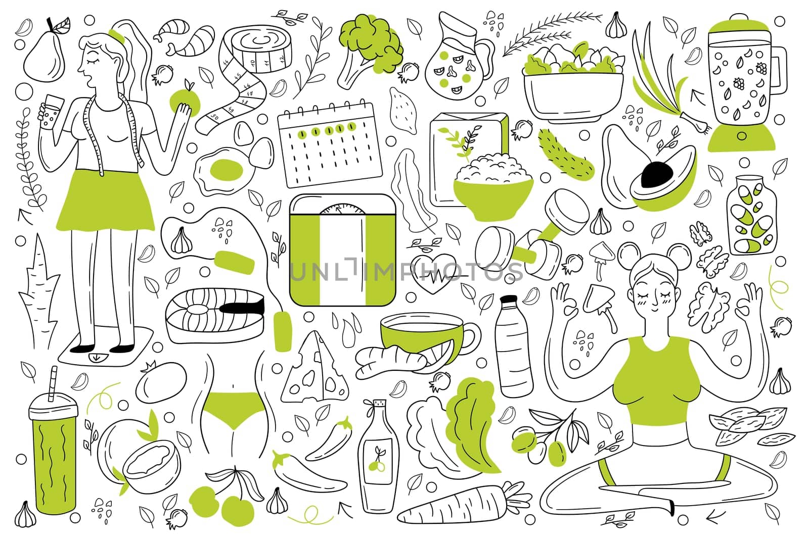 Diet doodle set. Collection of hand drawn sketches templates of people dieting eating natural food smoothie cocktail cereals vegetables fruits for loosing weight. Healthy lifestyle illustration.