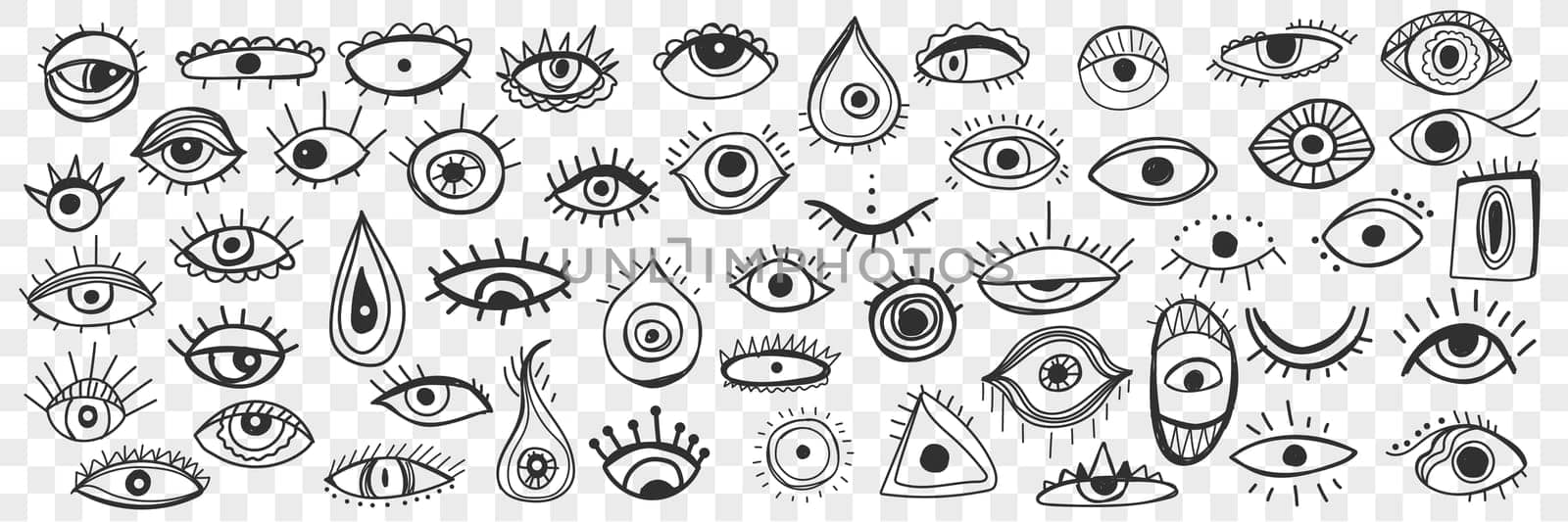 Spiritual occult eye doodle set. Collection of hand drawn various eyes as cultural religious and spiritual symbols and mascot isolated on transparent background. Illustration of sacred eyes concept