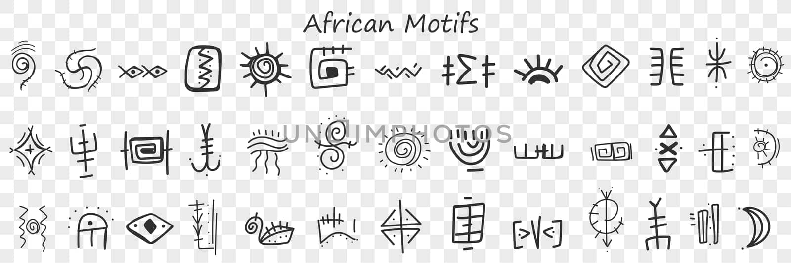 African motives and patterns doodle set. Collection of hand drawn stylish oriental pattens signs and motives of african cultures isolated on transparent background. Illustration of cultural paintings