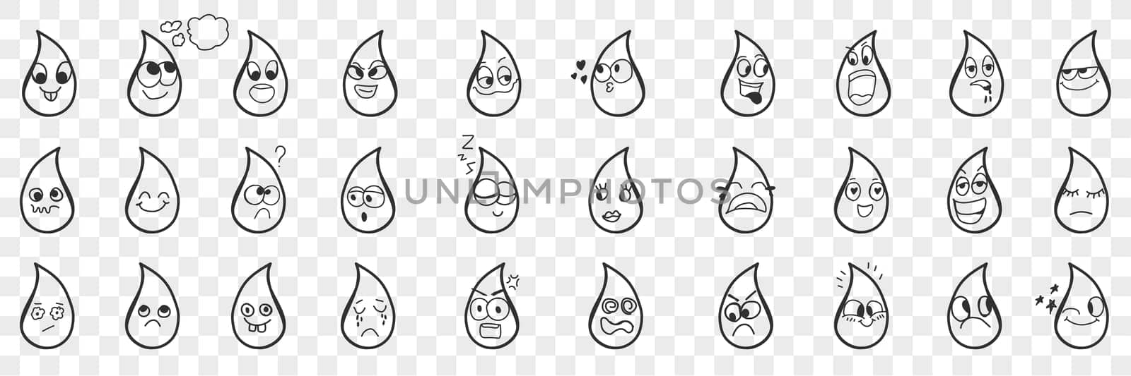 Water drops emoji doodle set. Collection of hand drawn cute funny water or liquid drops with various facial expressions emotions isolated on transparent background. Illustration of drops for kids