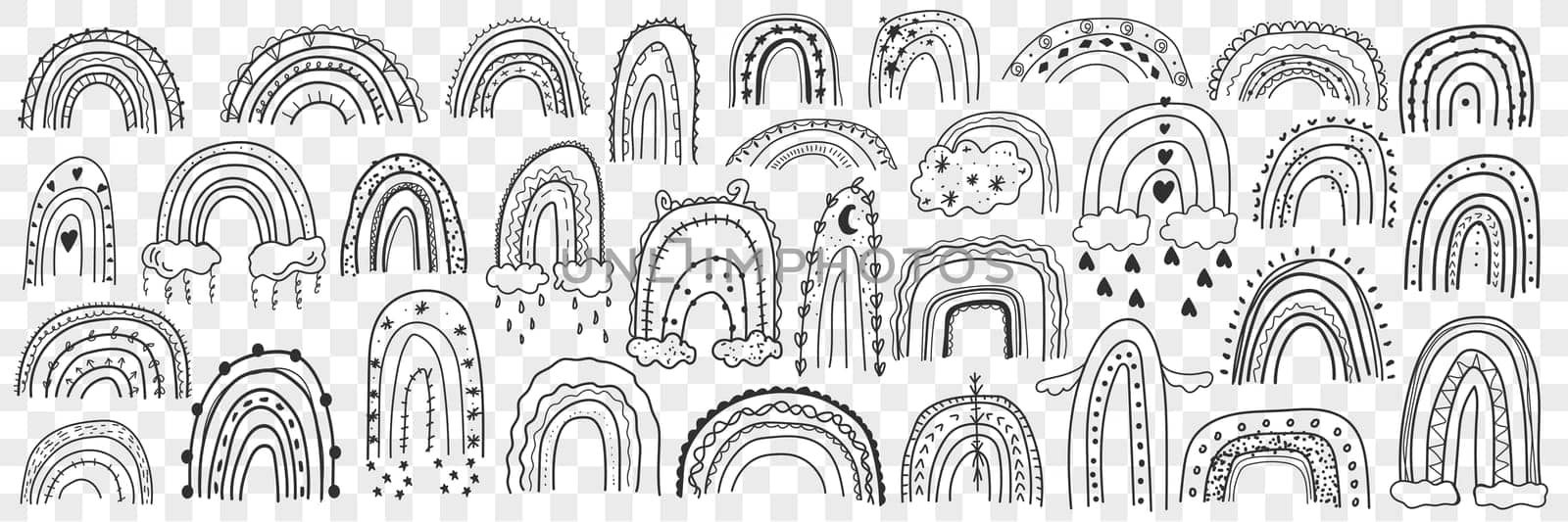 Various rainbows silhouettes doodle set. Collection of hand drawn rainbows on sly with clouds and rain below isolated on transparent background. Illustration of natural phenomenon of light concept