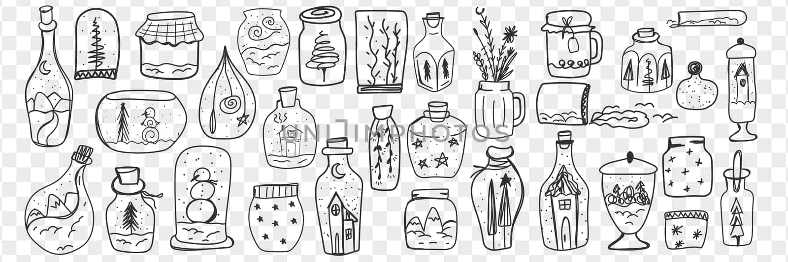 Glass toys and snow balls doodle set. Collection of hand drawn glassware with decorations and decorative accessories inside for home decorating isolated on transparent background