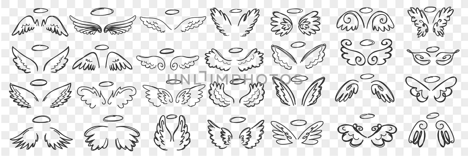Angels wings and halo doodle set. Collection of hand drawn wings and halos of angels accessories of saint character in rows isolated on transparent background. Illustration of sacred person attributes