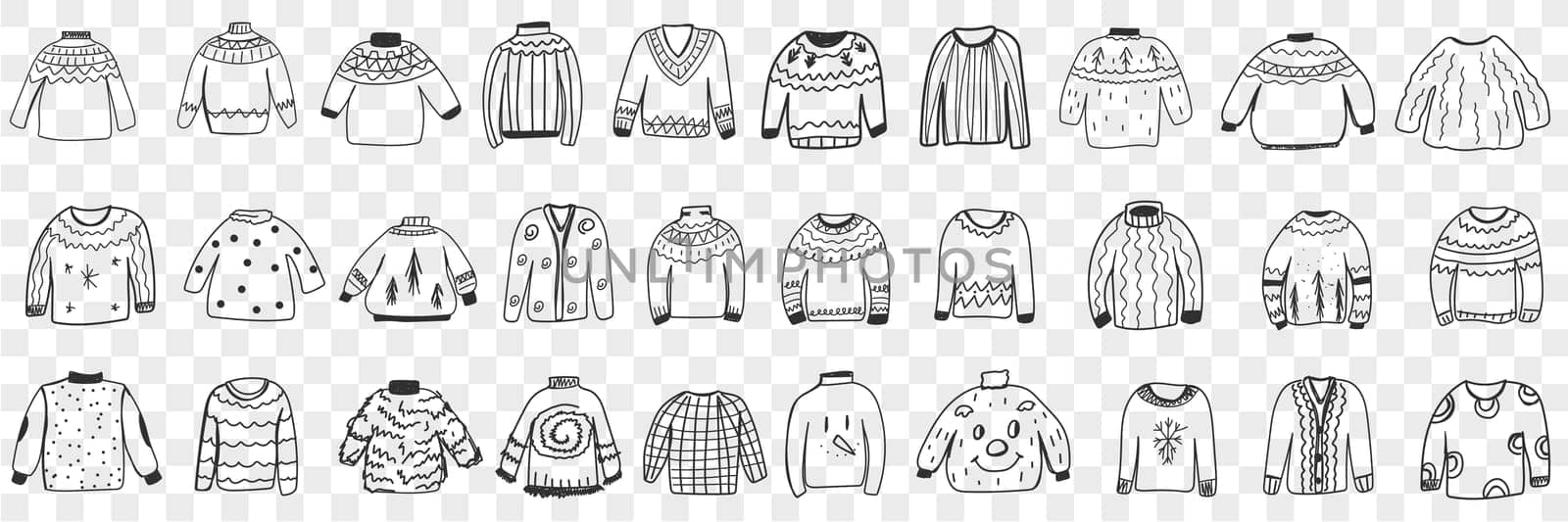 Various warm knitted sweaters doodle set. Collection of hand drawn stylish elegant jackets sweaters cardigans with different patterns for cold weather isolated on transparent background