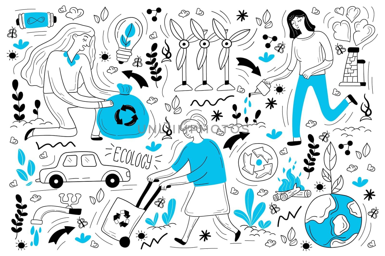 Ecology doodle set. Collection of hand drawn sketches templates of people eco volunteers gardening recycling garbage and sorting junk. Environmental care for nature and planet earth illustration.