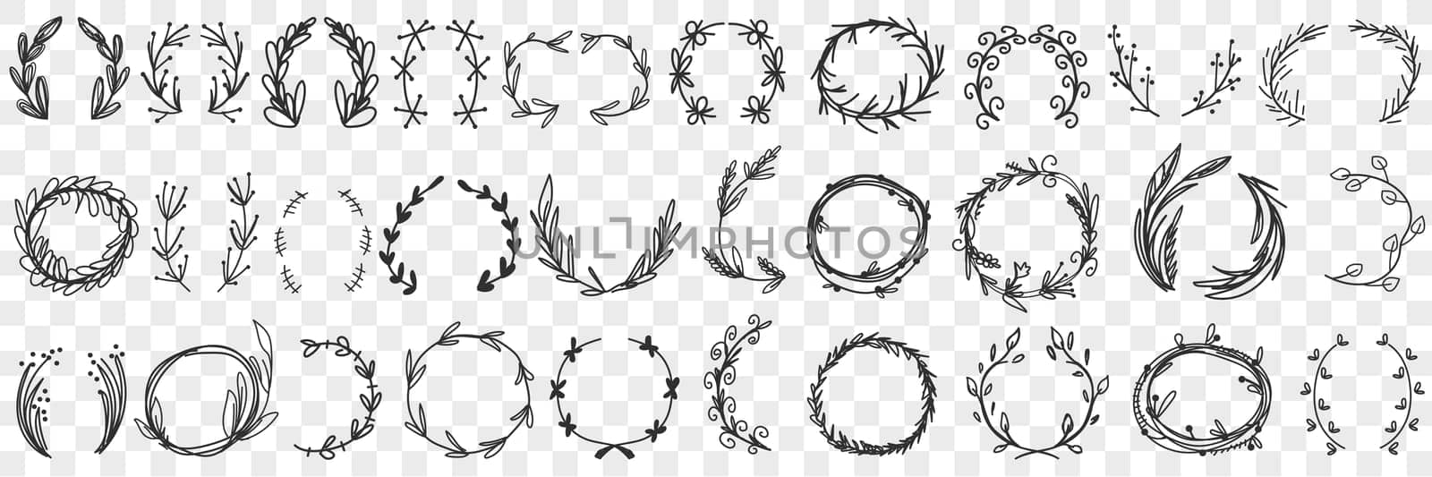 Floral decorative wreath doodle set. Collection of hand drawn wreath of different leaves and flowers for decoration isolated on transparent background. Illustration of elegant head accessory