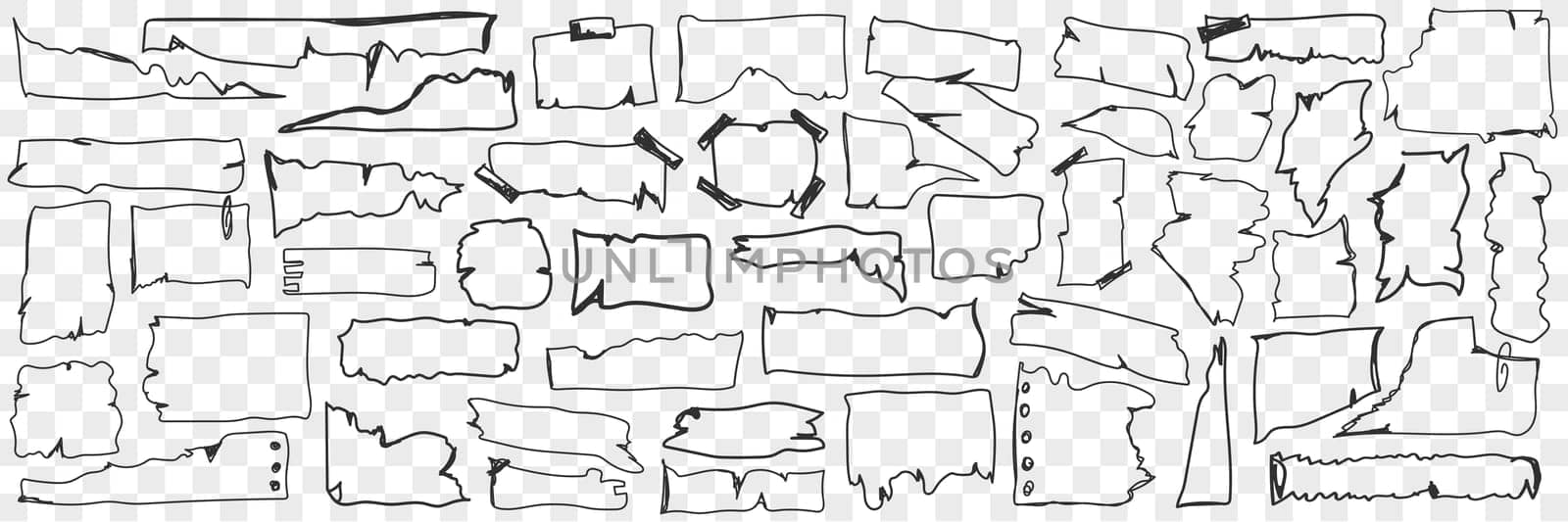 Various paper parchment doodle set. Collection of hand drawn parchment paper with torn edges of various shapes cut in pieces isolated on transparent background. Illustration of forms