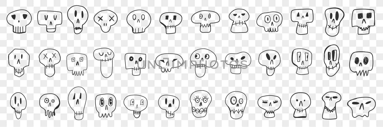 Various skull faces doodle set. Collection of hand drawn spooky skulls faces of different shapes and expressions isolated on transparent background. Illustration of skulls for kids