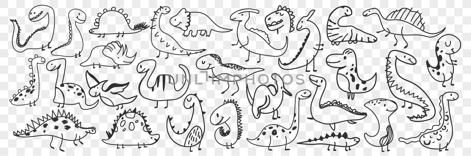 Funny dinosaurs doodle set. Collection of hand drawn funny cute dinosaur of various shapes and ages enjoying life feeling happy isolated on transparent background. Illustration of dinosaur for kids