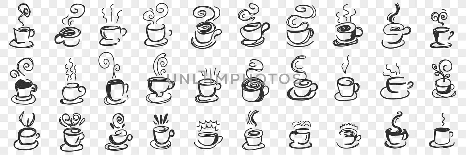 Hot drinks in cups doodle set. Collection of hand drawn hot tea, coffee, cocoa in mugs and cups for breakfast with flying steam isolated on transparent background. Illustration of hot homemade drinks