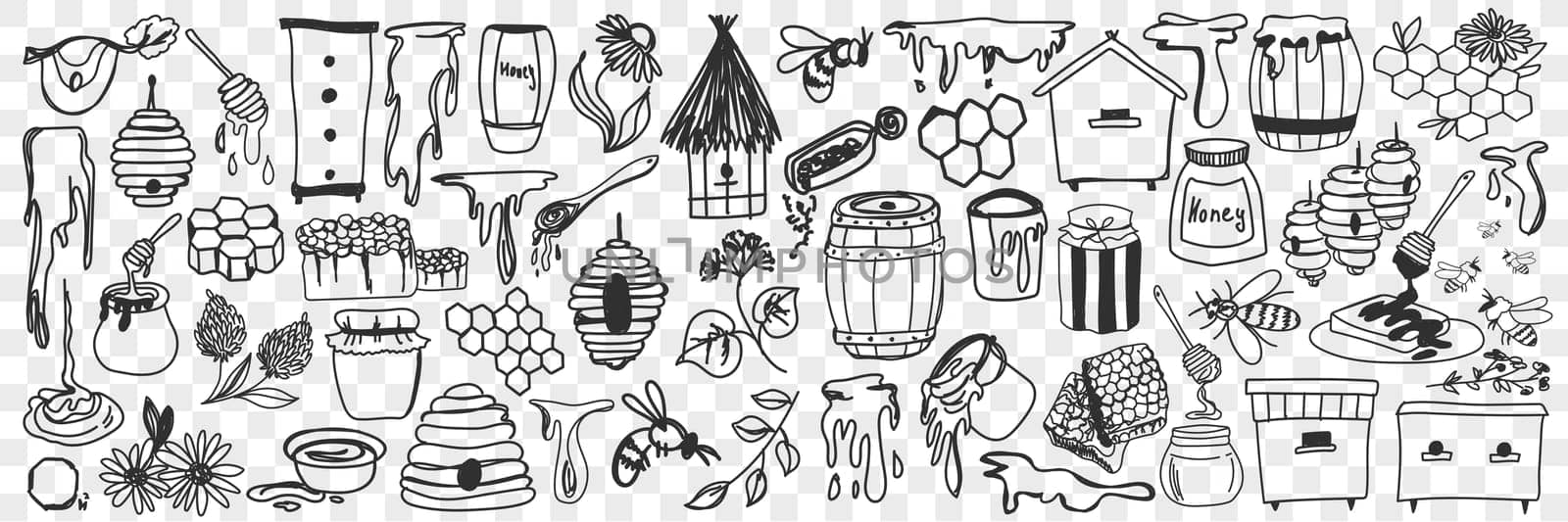 Beekeeping attributes and tools doodle set. Collection of hand drawn honey, hive, bees, barrels and tools for apiary works on farm isolated on transparent background. Illustration of beekeeper tools