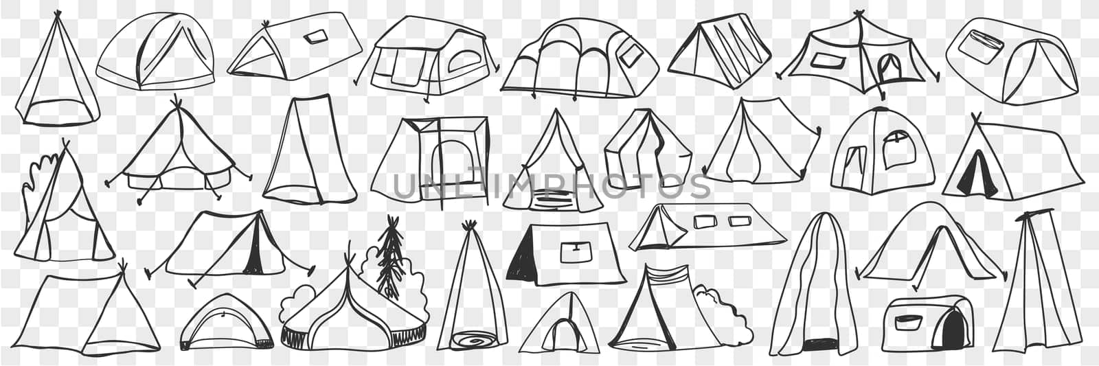 Various camping tents doodle set. Collection of hand drawn camping temporary house tents for traveling tourism isolated on transparent background. Illustration of textile tents for staying on nature