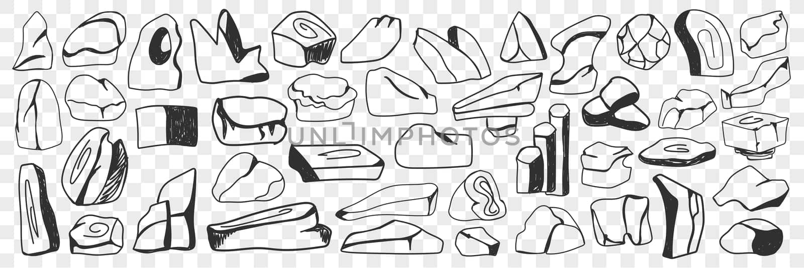 Various stones and ingots doodle set. Collection of hand drawn stones of various shapes and textures and ingots pieces isolated on transparent background. Illustration of natural elements