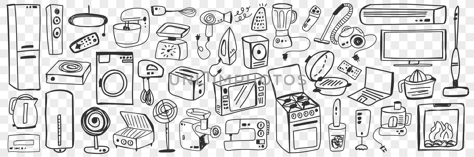 Various household appliance doodle set. Collection of hand drawn fan oven vacuum cleaner mixer washing machine microwave refrigerator blender sewing machine for home isolated on transparent background