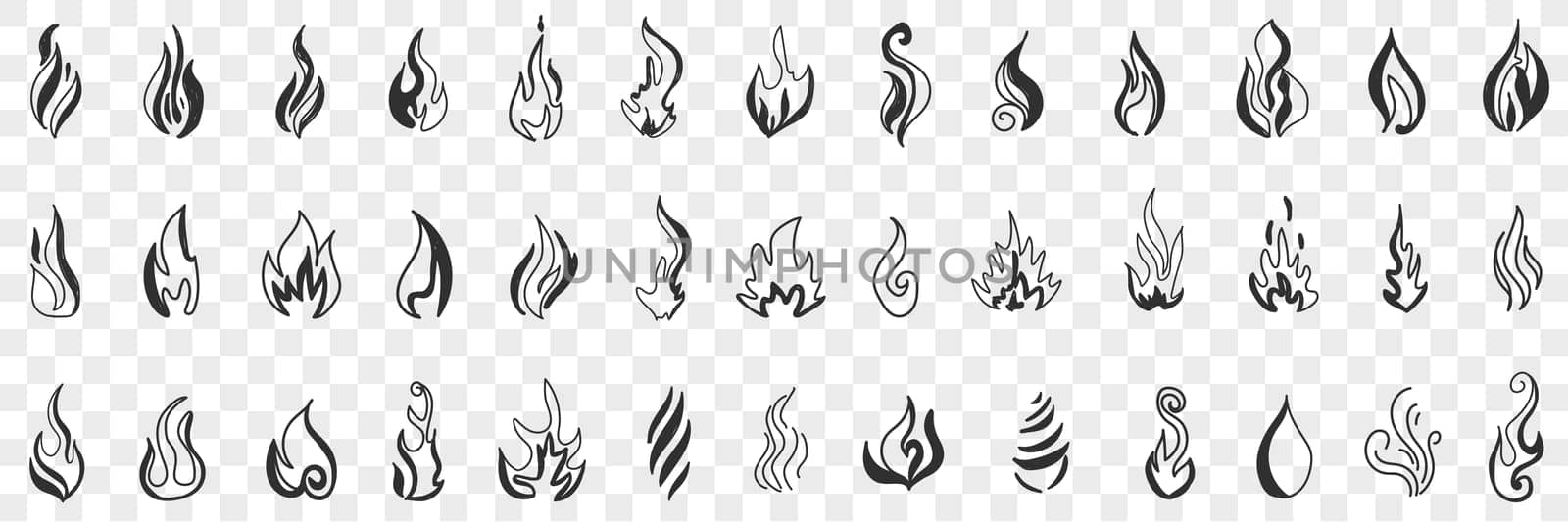 Fire and flame doodle set. Collection of hand drawn fire flames and forks of flames in different shapes burning in air in rows isolated on transparent background. Illustration of fire patterns