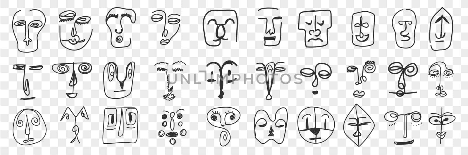 Various face features doodle set. Collection of hand drawn funny human eyes, noses, lips and whole faces drawn in unusual style isolated on transparent background. Illustration of human face