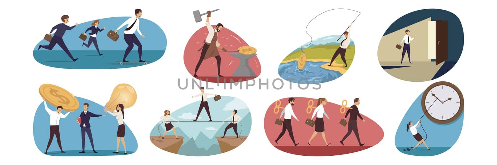 Business, finance, teamwork set concept. Collection of businesspeople men women managers leaders making currency mining rushing on work together. Time management deadline and new career illustration.