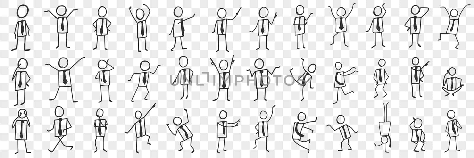 Businessman in tie doodle set. Collection of hand drawn silhouettes of businessman in tie expressing emotions with hands isolated on transparent background. Illustration of office men feeling excited