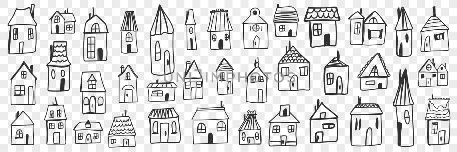 Various houses and buildings doodle set. Collection of hand drawn small one floored houses buildings for living isolated on transparent background. Illustration of architecture and exterior