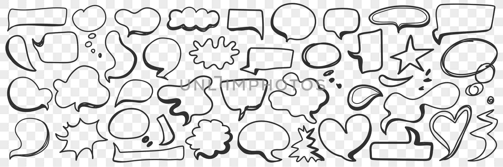Various shapes of chat bubble doodle set. Collection of hand drawn message communication chat bubbles in shapes of heart cloud and others isolated on transparent background