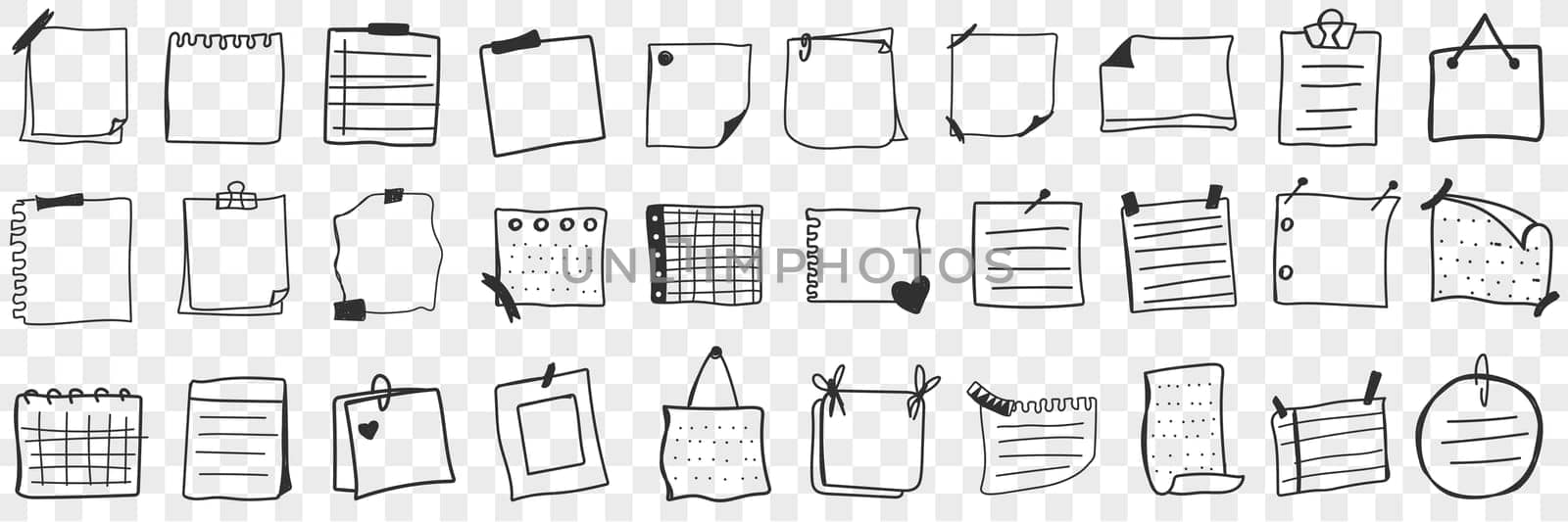 Various papers and notes doodle set. Collection of hand drawn pieces and pages of paper notes with reminders and information isolated on transparent background. Illustration of notebooks in rows