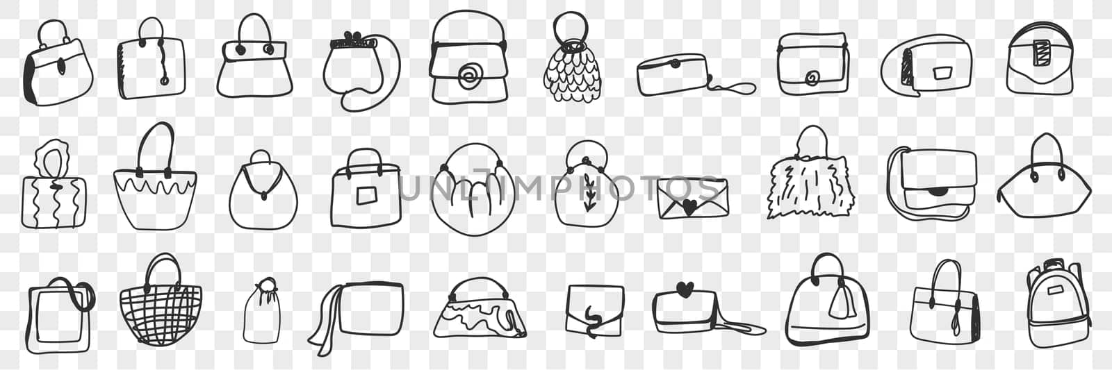 Various feminine bags doodle set. Collection of hand drawn bags baskets and clutches of different styles and shapes isolated on transparent background. Illustration of woman accessories