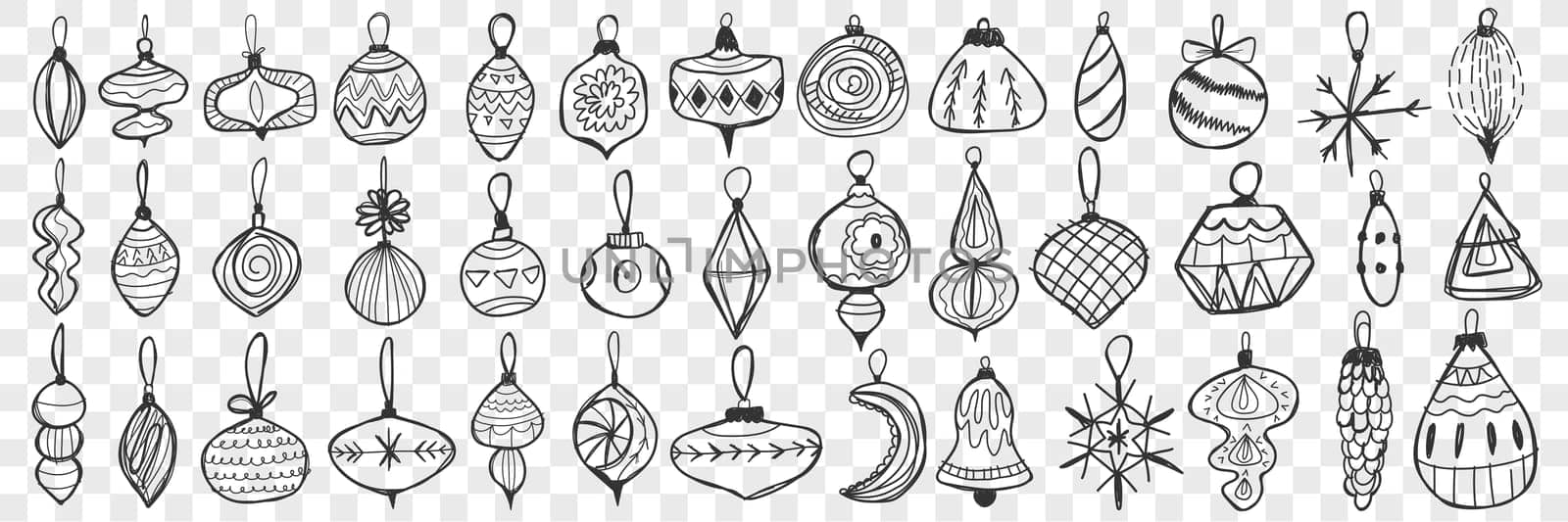Glass toys and balls doodle set. Collection of hand drawn decorative toys and balls for Christmas tree decoration isolated on transparent background. Illustration of glass decorations with hangers