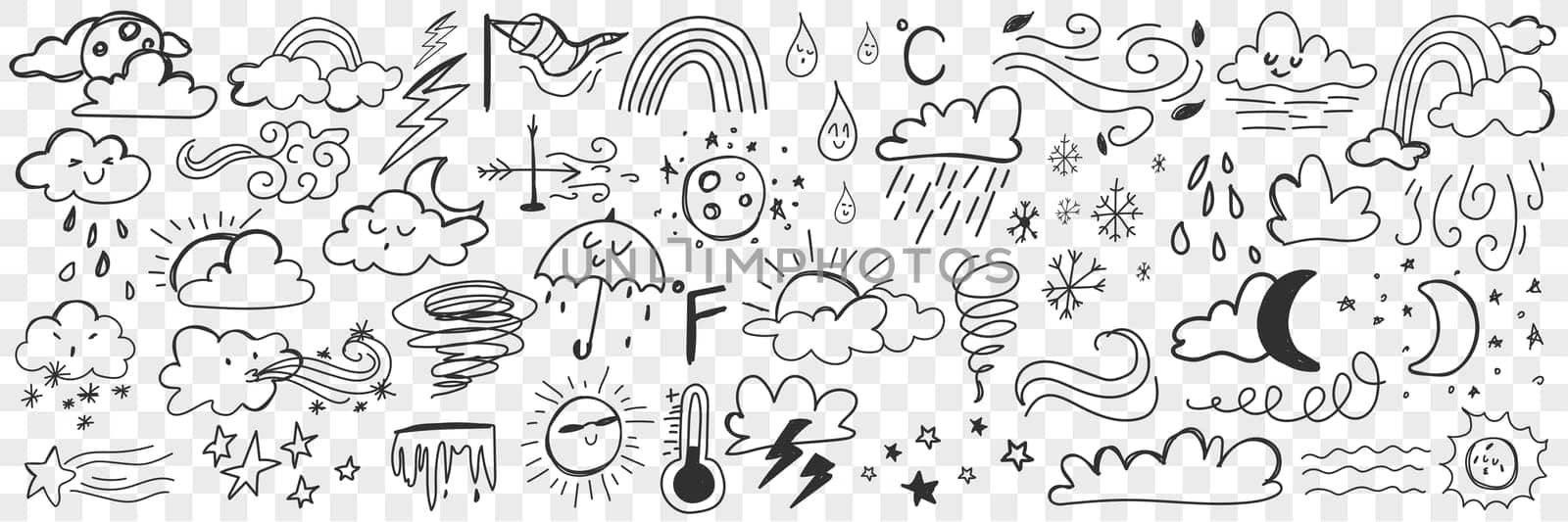 Various weather conditions doodle set. Collection of hand drawn clouds rain storm thunder lightning frost and cold weather isolated on transparent background. Illustration of precipitation concept
