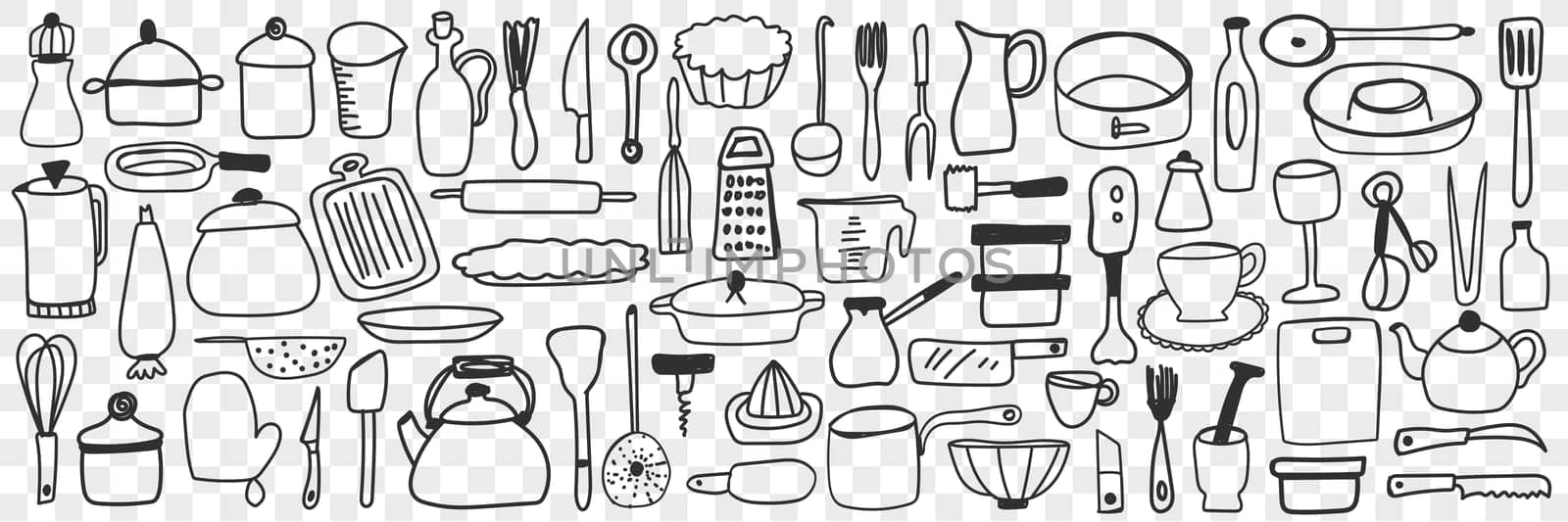 Various dishes and kitchen utensil doodle set. Collection of hand drawn cutting boards, grater, tableware, kettle coffee pot, cooking pan, containers for kitchen isolated on transparent background