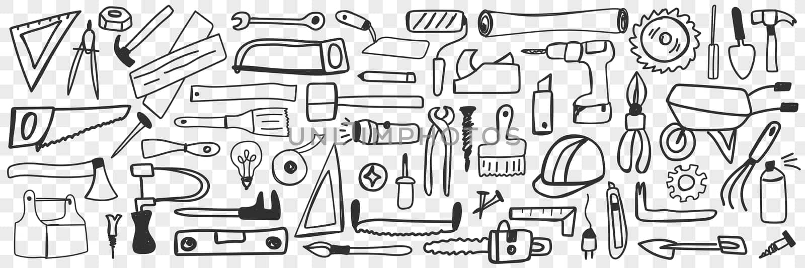 Various tools for repair doodle set. Collection of hand drawn drill hammer saw pliers socket screwdriver isolated on transparent background. Illustration of repairing instruments for workers