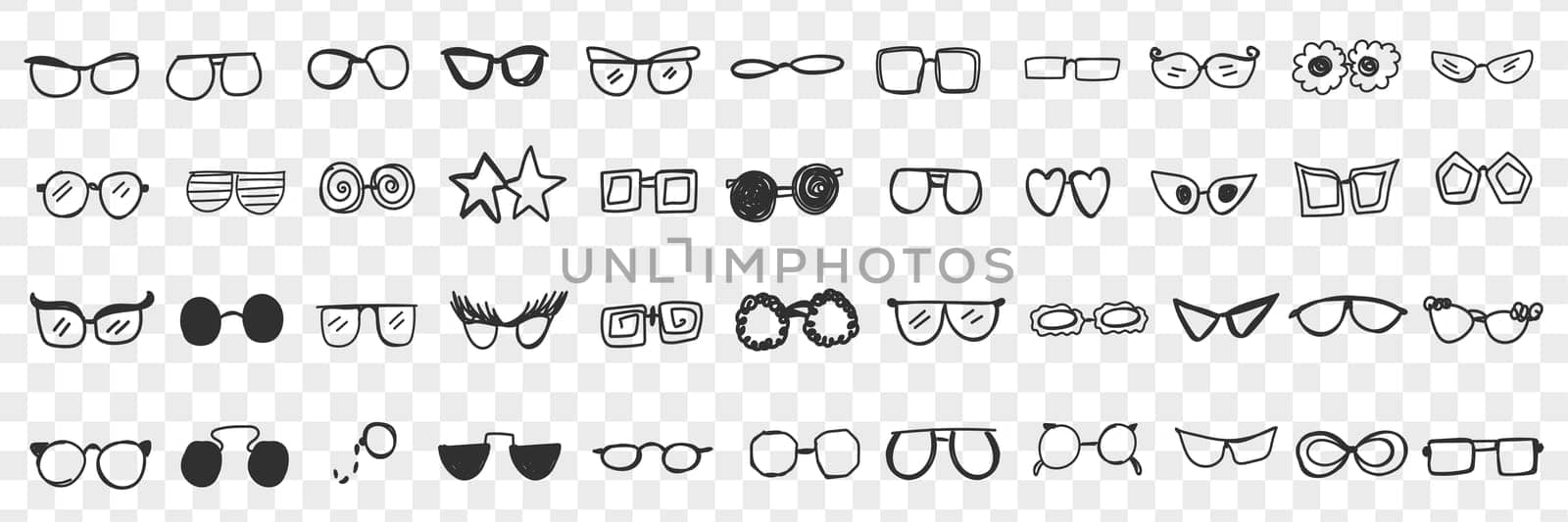 Various stylish sunglasses doodle set. Collection of hand drawn stylish sunglasses personal accessories for wearing on sun isolated on transparent background. Illustration of fashion belongings