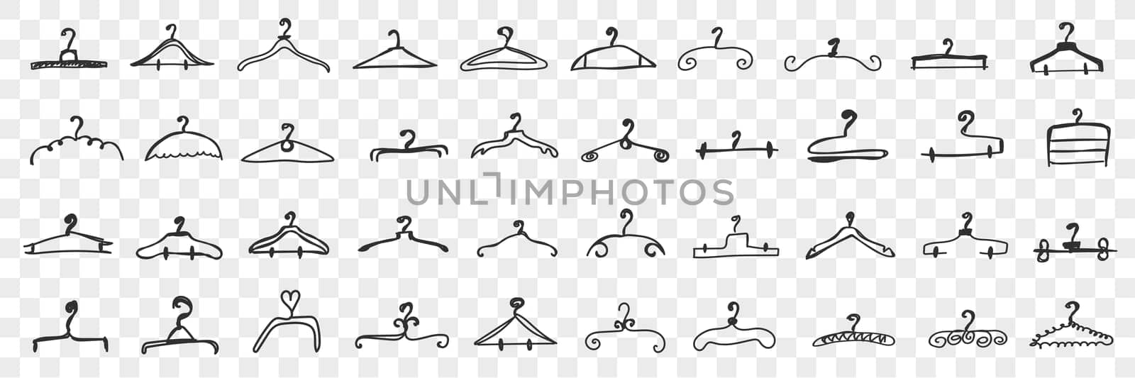 Various clothes hangers doodle set. Collection of hand drawn elegant hangers for clothing of different shapes and styles isolated on transparent background. Illustration of fashion accessories