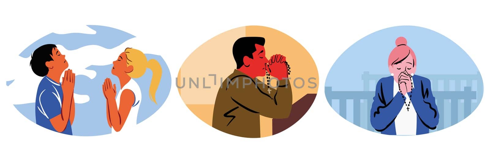 Prayer, religion, faith set concept. Collection of religious men women cartoon characters christians praying to god lord begging for luck protection and support. Chrsitianity and Jesus Christ belief.