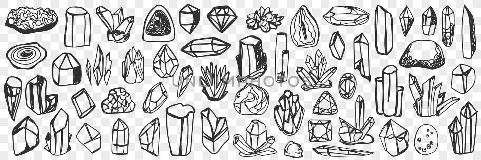 Various natural crystals doodle set. Collection of hand drawn crystals with natural shine of different shapes and textures isolated on transparent background. Illustration of decorative stones