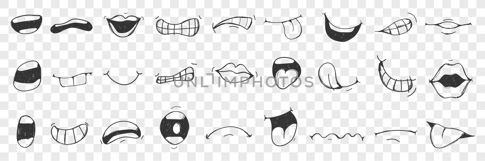 Lips, tongue, mouth doodle set. Collection of hand drawn human lips, open mouth, showing tongue with different emotions isolated on transparent background. Illustration of expressing sign with mouth