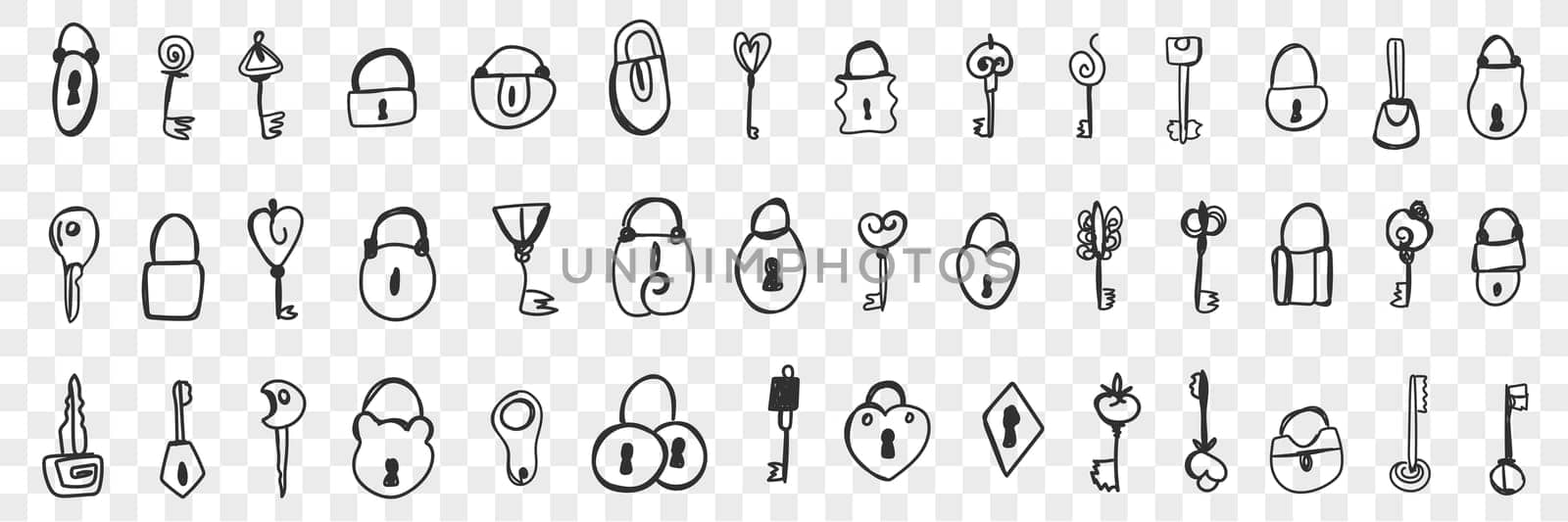Various locks and keys doodle set. Collection of hand drawn locks with keyholes and keys for opening isolated on transparent background. Illustration of security system for kids