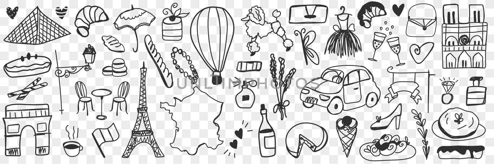 Various french symbols doodle set. Collection of hand drawn eclairs biscuits cheese champagne, cars, architecture, fashion accessories, baguette, dogs, perfume isolated on transparent background