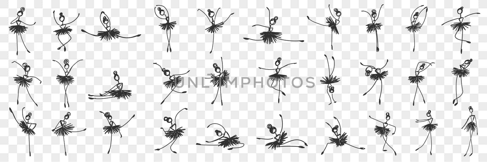 Women ballerina dancing doodle set. Collection of hand drawn elegant female characters classical dancers ballerinas making performance in different positions isolated on transparent background
