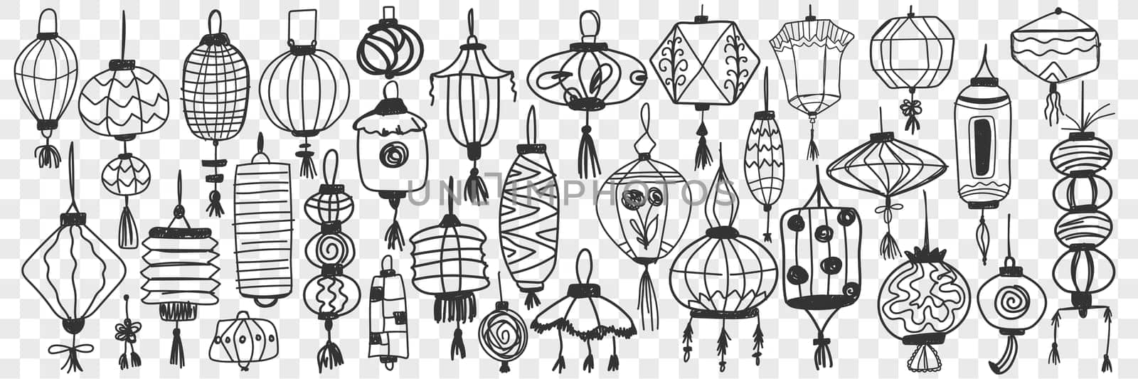 Chinese lanterns doodle set. Collection of hand drawn traditional asian lanterns for decoration and celebration holidays isolated on transparent background. Illustration of decorative asian symbols