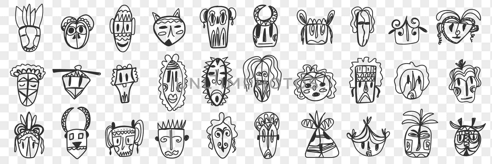 Various african ancient masks doodle set. Collection of hand drawn face masks of african ethnicities with different patterns and shapes isolated on transparent background. Illustration of africa