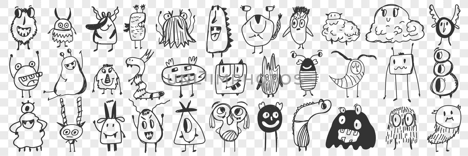 Scary cartoon characters doodle set. Collection of hand drawn cute scary spooky cartoon characters with teeth, wings, eyes like funny monsters isolated on transparent background