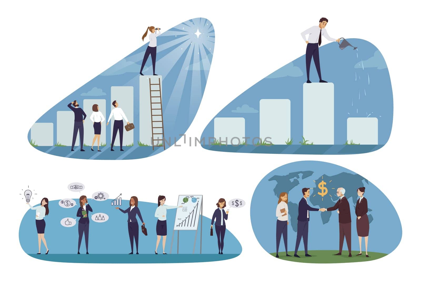 Business, teamwork, financial success set concept. Collection of businesspeople men women clerks managers planning at meeting making global deal together. Career growth finance agreement investment.