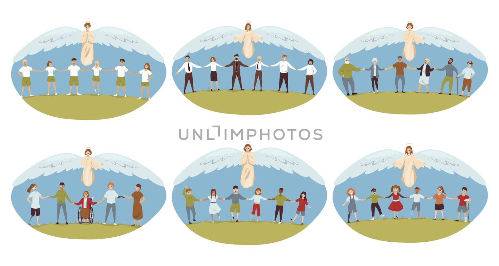 Protection, religion, christianity set concept. Angels biblical religious characters protecting old men women business people chldren disabled person holding hands together. Divine help illustration.