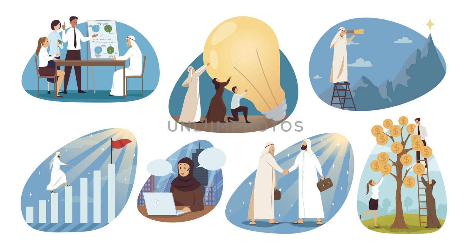 Business, teamwork, financial success set concept. Collection of arabic muslim arab with hijab businesspeople men women at meeting working having idea collecting money. Career growth finance agreement