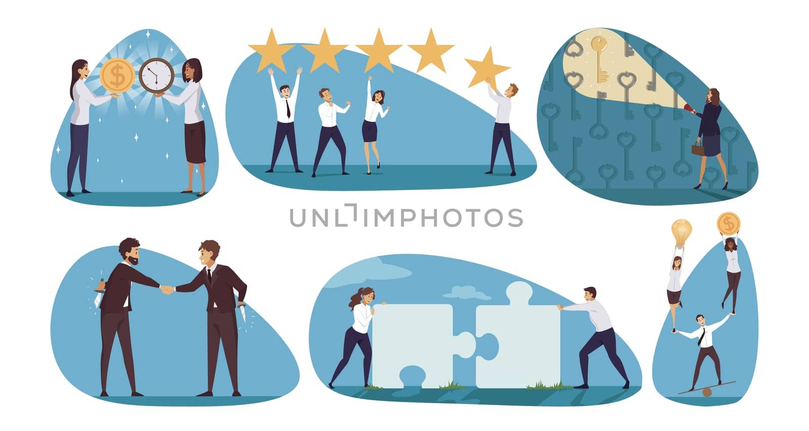 Business, management, coworking set concept. Collection of businesspeople men women searching problem solution working together trating on deal exchange time for money illustration. Team service rank.