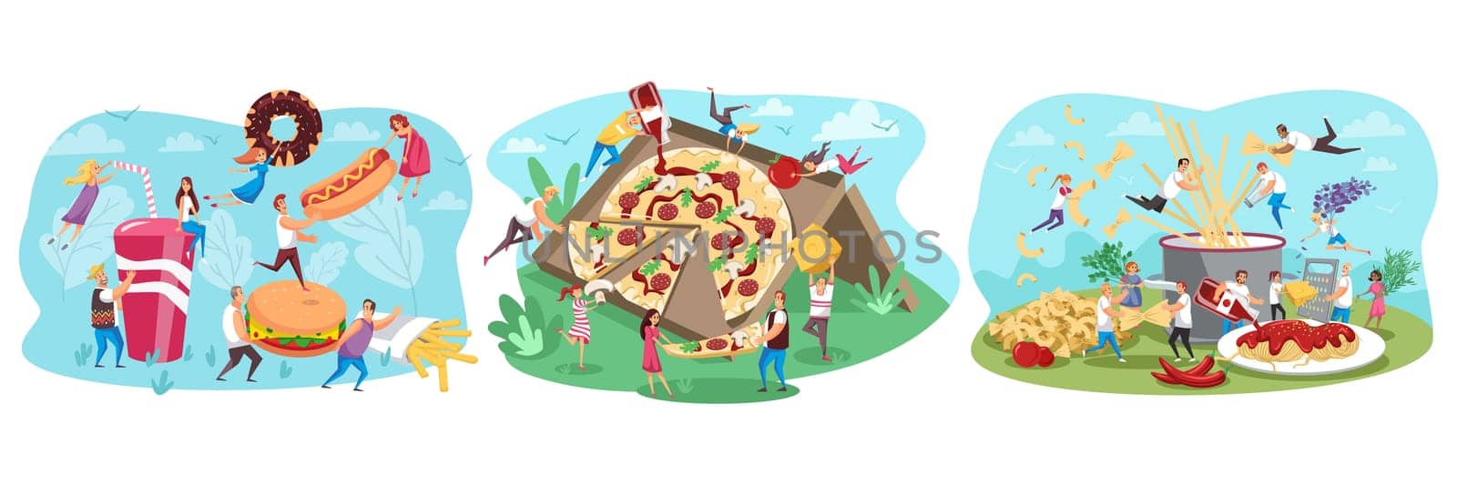 Fastfood, people, food set concept. Collection of men women cartoon characters flying eating junk meal hamburger pizza hot dog fries together. Unhealthy caloric nutrition healthcare illustration.