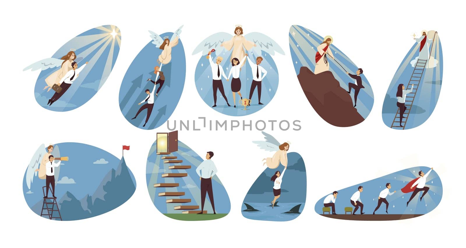 Religion, business, support set concept. Jesus Christ angels biblical religious characters helping businesspeople managers leaders reaching financial success. Divine support christianity illustration.