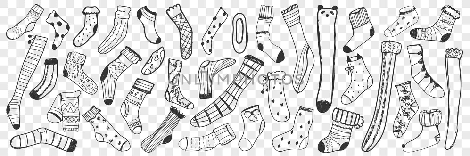 Socks doodle set. Collection of hand drawn different long and short socks and knee-highs for casual wearing isolated on transparent background. Illustration of cotton textile fabric clothes