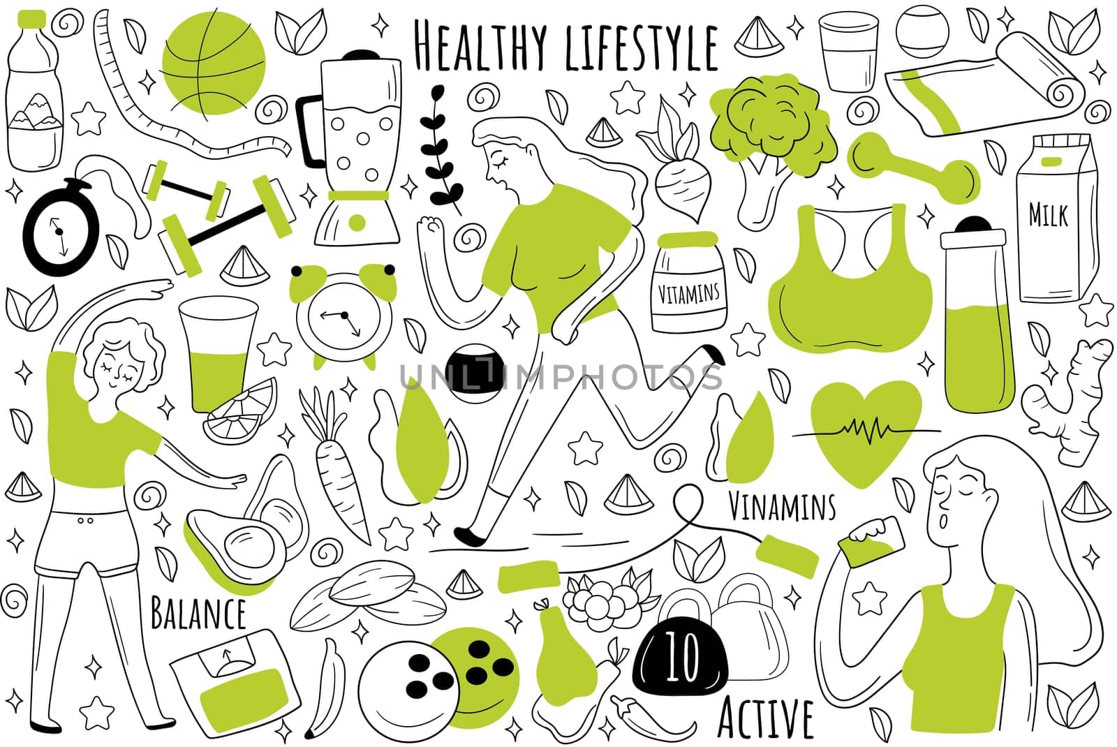 Healthy lifestyle doodle set. Collection of hand drawn sketches patterns templates of people jogging together eating food doing fitness and sport. Healthcare nutrition and meditation illustration