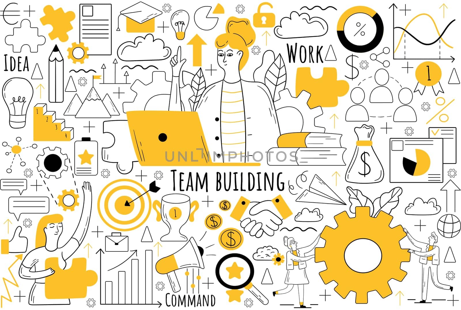 Team building doodle set. Collection of hand drawn sketches templates patterns of businesmen women clerks managers doing teamwork together. Corporate member communication and productive collaboration.